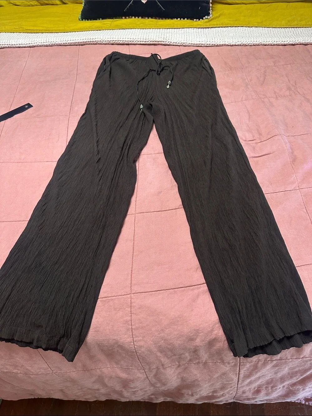 Zara Crinkled Wide-Leg Drawstring Pants - Brown
